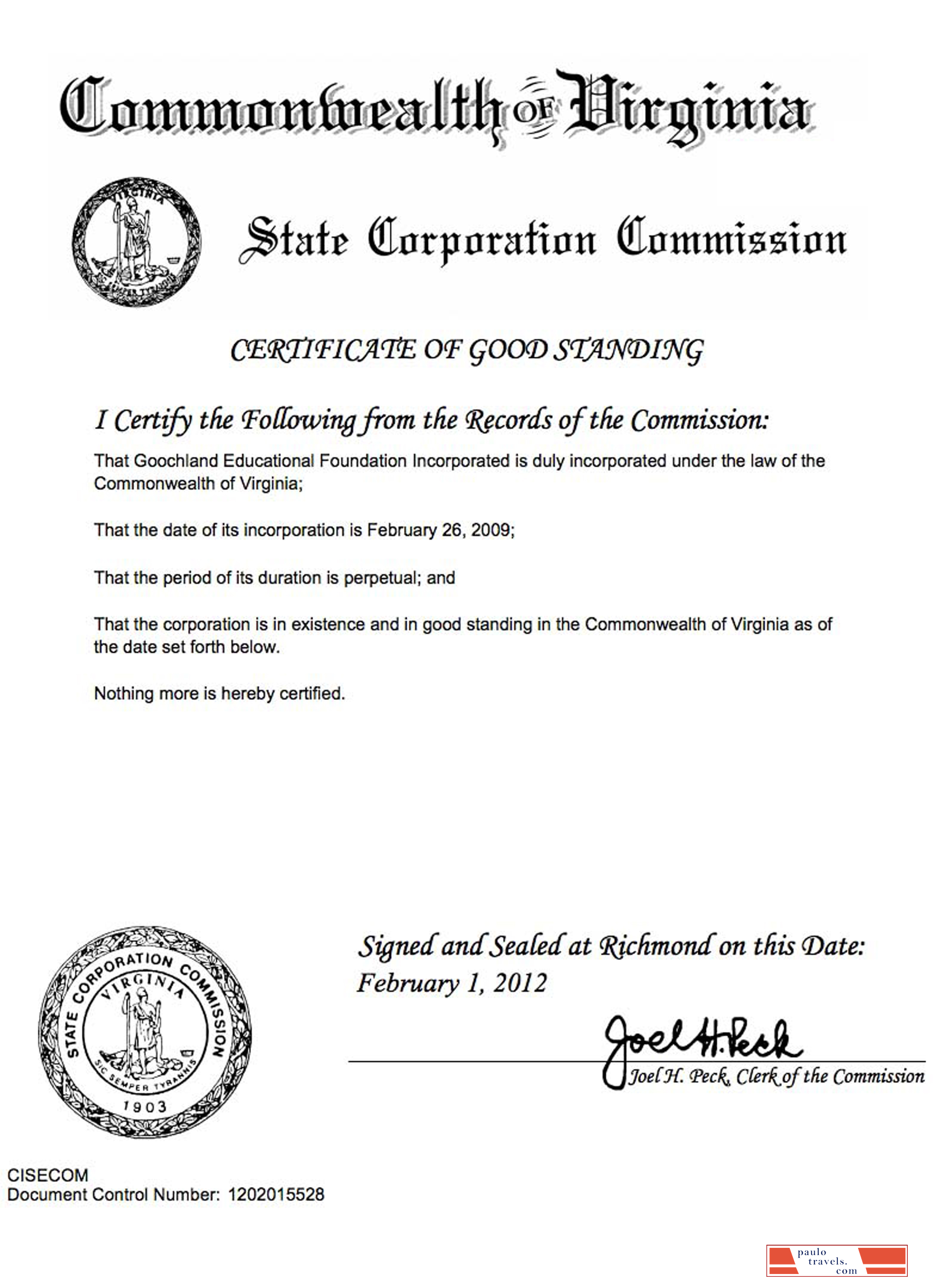 USA Virginia certificate of good standing